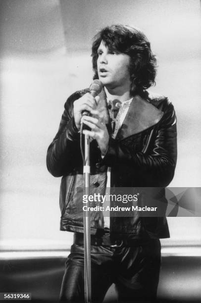 Doors singer Jim Morrison making a television appearance in Britain, circa 1970.
