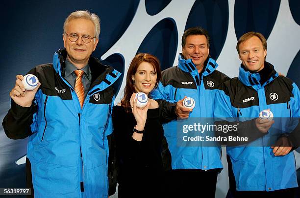 Moderators Harald Schmidt, Monica Lierhaus, Waldemar Hartmann and Gerhard Delling pose during the photocall of German TV channels ARD and ZDF at the...