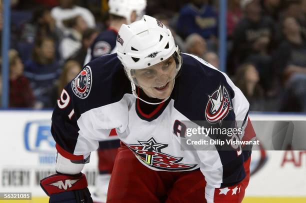 Sergei Fedorov of the Columbus Blue Jackets looks on during a break in action during their NHL game against the St. Louis Blues at Savvis Center on...