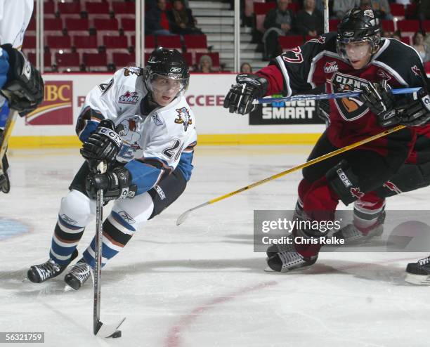 Ryan Russell of the Vancouver Giants skates against the Kootenay Ice during the WHL hockey game on October 11, 2005 at Pacific Coliseum in Vancouver,...