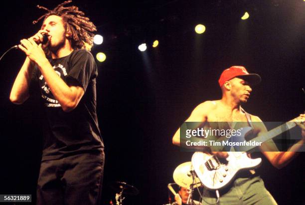 Zack De La Rocha and Tom Morello of Rage Against the Machine perform at the San Jose State Event Center on September 3, 1996 in San Jose California.