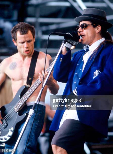 Flea and Anthony Kiedis of The Red Hot Chili Peppers perform at the Tibetan Freedom Concert 1996 at the Polo Fields in Golden Gate Park on June 16,...