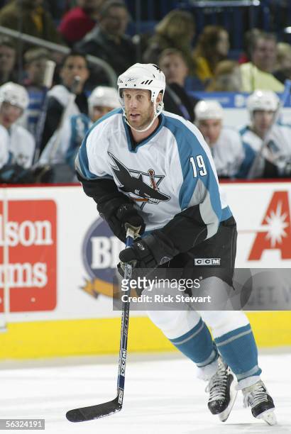 Joe Thornton of the San Jose Sharks skates against the Buffalo Sabres in his first game with the Sharks on December 2, 2005 at HSBC Arena in Buffalo,...