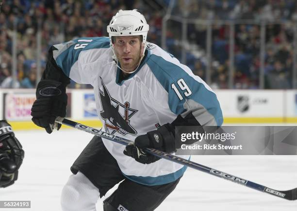 Joe Thornton of the San Jose Sharks skates against the Buffalo Sabres in his first game with the Sharks on December 2, 2005 at HSBC Arena in Buffalo,...