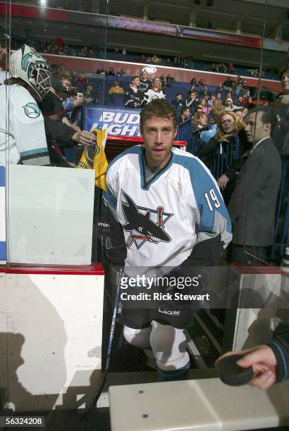 Joe Thornton of the San Jose Sharks takes the ice for warm-ups in his first game with the Sharks, against the Buffalo Sabres on December 2, 2005 at...