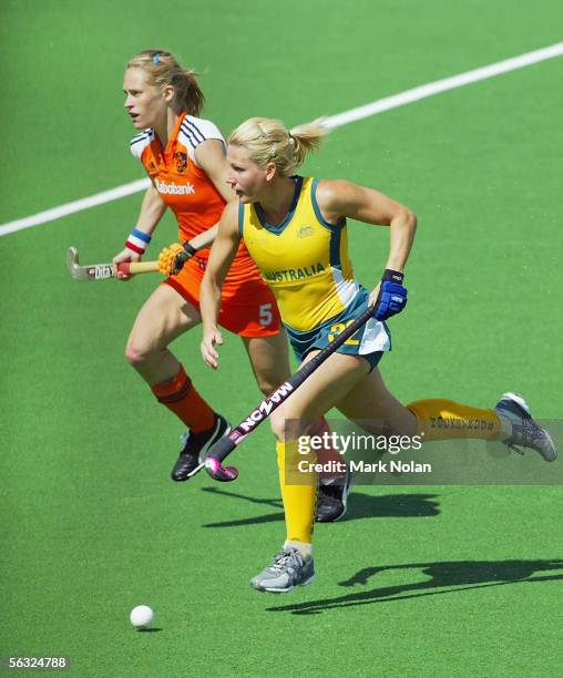 Nikki Hudson of Australia in action during the Women's Hockey Champions Trophy fifth round match between Australia and the Netherlands at the...