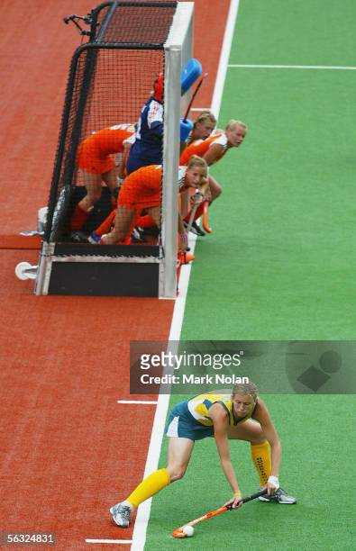 Rebecca Sanders of Australia takes a penalty corner during the Women's Hockey Champions Trophy fifth round match between Australia and the...
