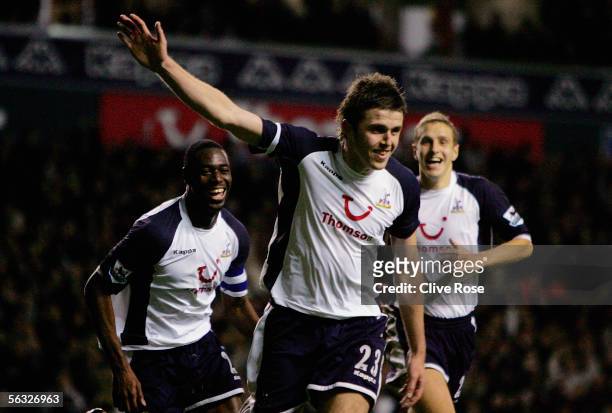 Michael Carrick of Tottenham celebrates scoring the third goal during the Barclays Premiership match between Tottenham Hotspur and Sunderland at...