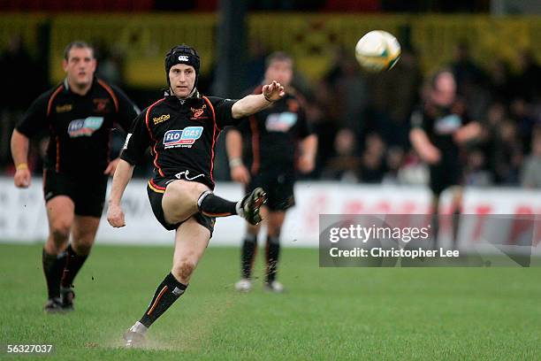 Craig Warlow of Newport scores a penalty during the Powergen Cup Third Round match between Newport Gwent Dragons and Worcester Warriors at Rodney...