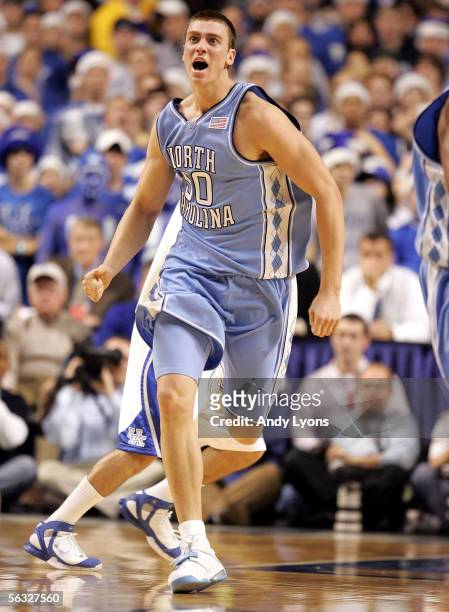Tyler Hansbrough of the North Carolina Tar Heels celebrates after making a basket against the Kentucky Wildcats on December 3, 2005 at Rupp Arena in...