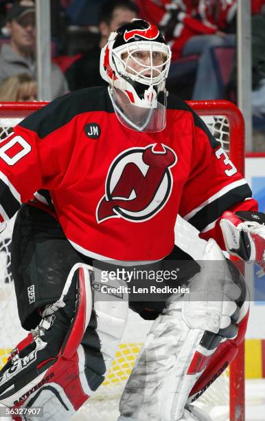 Martin Brodeur of the New Jersey Devils follows the action during a game against the Minnesota Wild at the Continental Airlines Arena on December 3,...