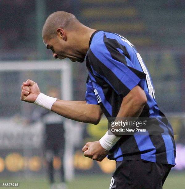 Adriano of Inter celebrates after scoring during the Serie A match between Inter Milan and Ascoli at the San Siro stadium on December 3, 2005 in...