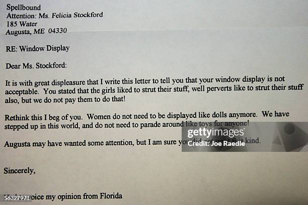 Letter sent to Felicia Stockford the owner of Spellbound, a lingerie store that is using live models in the front window to display her lingerie...