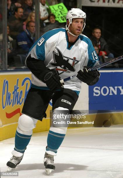 Joe Thornton of the San Jose Sharks skates against the Toronto Maple Leafs on December 3, 2005 at the Air Canada Centre in Toronto, Ontario, Canada....