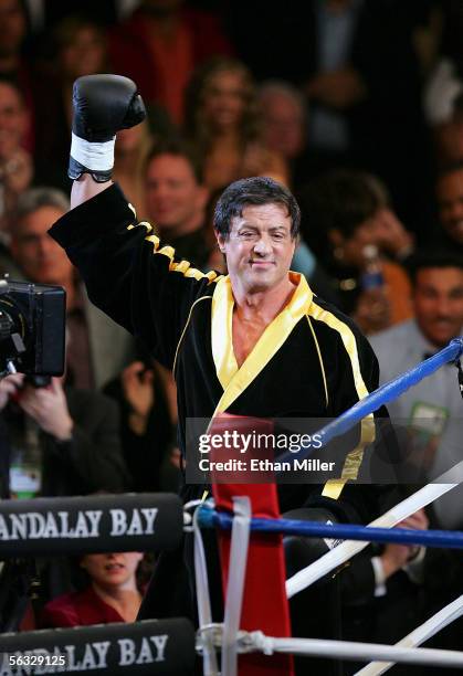 Actor Sylvester Stallone waves to the crowd as scenes from the film "Rocky VI" are filmed before the start of the Bernard Hopkins and Jermain Taylor...