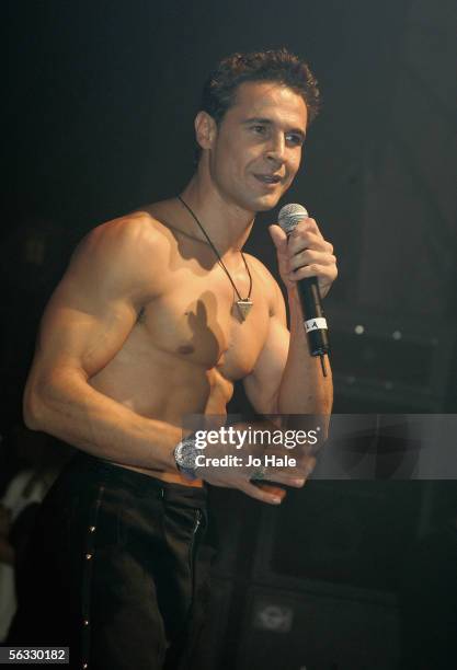 Chico Slimani from the television show "X-Factor" performs on stage at popular gay club night G-A-Y at The Astoria on December 3, 2005 in London,...
