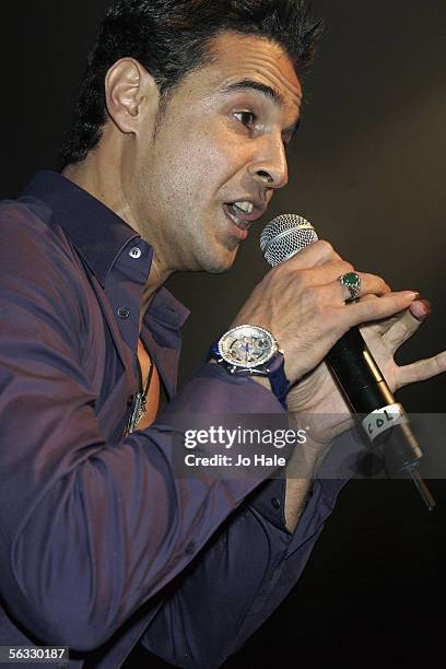 Chico Slimani from the television show "X-Factor" performs on stage at popular gay club night G-A-Y at The Astoria on December 3, 2005 in London,...