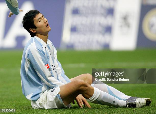 Jiayi Shao of 1860 Munich reacts during the Second Bundesliga match between 1860 Munich and SpVgg Unterhaching at the Allianz Arena on December 4,...