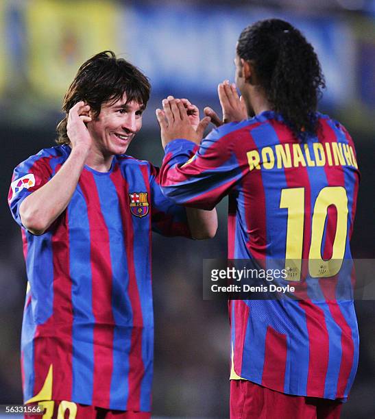 Lionel Messi and Ronaldinho of Barcelona celebrate after beating Villarreal 2-0 during the Primera Liga match between Villarreal and F.C. Barcelona...