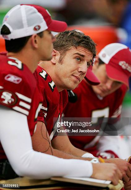 Alex Smith of the San Francisco 49ers looks on towards the end of the game against the Arizona Cardinals on December 4, 2005 at Monster Park in San...