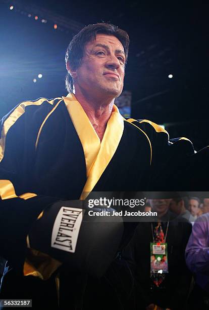 Actor Sylvester Stallone walks into the ring as scenes from the film "Rocky VI" are filmed before the start of the Bernard Hopkins and Jermain Taylor...