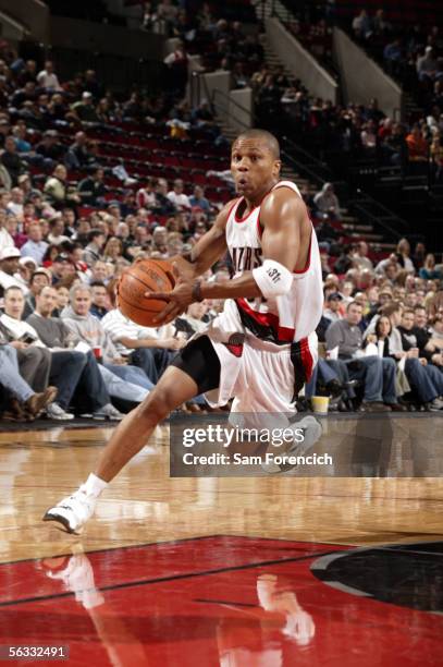 Sebastian Telfair of the Portland Trail Blazers drives to the hoop during a game against the Utah Jazz on December 04, 2005 at the Rose Garden Arena...