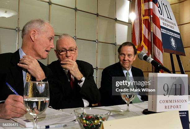 Thomas H. Kean Chairman of the 9/11 Commission, Co Chair, Lee H. Hamilton and Slade Gorton confer during a news conference December 5, 2005 in...