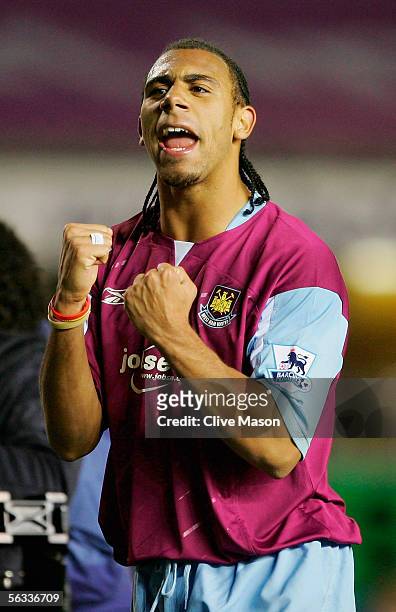 Anton Ferdinand of West Ham celebrates victory after the Barclays Premiership match between Birmingham City and West Ham United at St Andrews Road on...