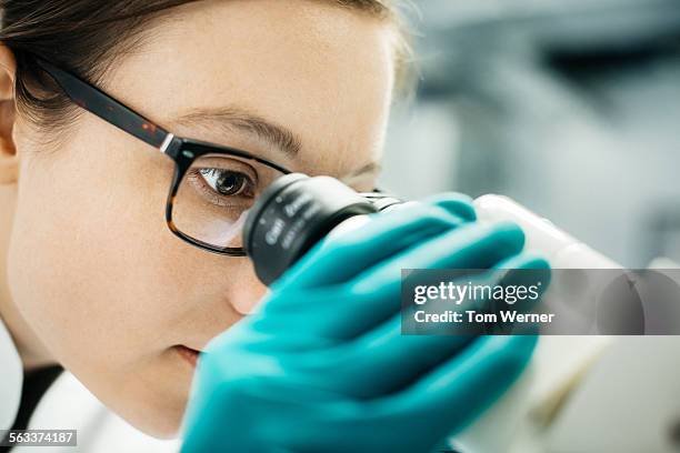 female scientist looking through microscope - microscoop stockfoto's en -beelden