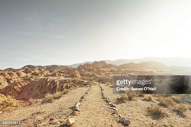 dirt path leading to rocky landscape - extremlandschaft stock-fotos und bilder