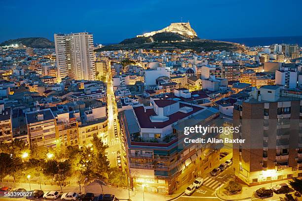 elevated view of santa barbara castle - alicante street stock pictures, royalty-free photos & images