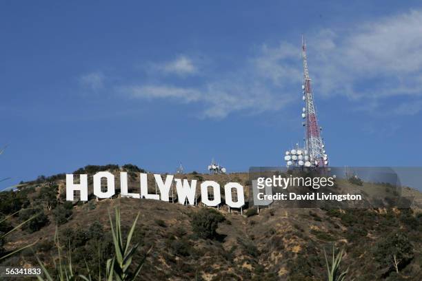 The newly refurbished Hollywood Sign is seen atop of Mt. Lee after Los Angeles Mayor Antonio Villaraigosa added a finishing touch of paint to...