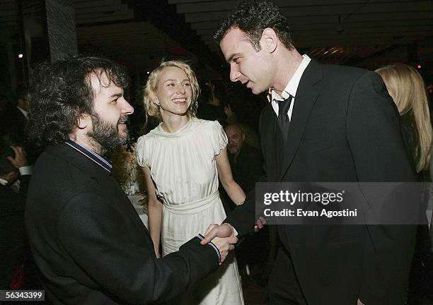 Director Peter Jackson chats with actress Naomi Watts and boyfriend actor Liev Schreiber at the "King Kong" world premiere after party at Pier 92...