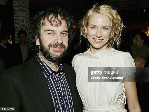 Director Peter Jackson and actress Naomi Watts attend the "King Kong" world premiere after party at Pier 92 December 05, 2005 in New York City.