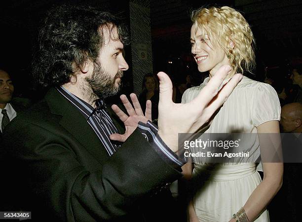 Director Peter Jackson chats with actress Naomi Watts at the "King Kong" world premiere after party at Pier 92 December 05, 2005 in New York City.
