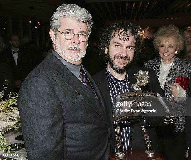 Producer/director George Lucas and director Peter Jackson attend the "King Kong" world premiere after party at Pier 92 December 05, 2005 in New York...