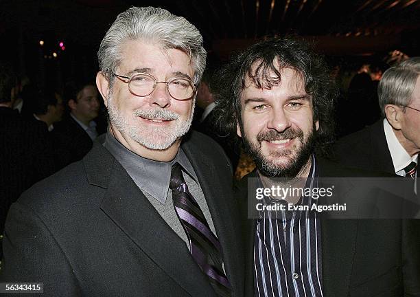 Producer/director George Lucas and director Peter Jackson attend the "King Kong" world premiere after party at Pier 92 December 05, 2005 in New York...