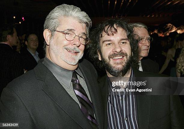 Producer/director George Lucas and director Peter Jackson attend the "King Kong" world premiere after party at Pier 92 December 05, 2005 in New York...