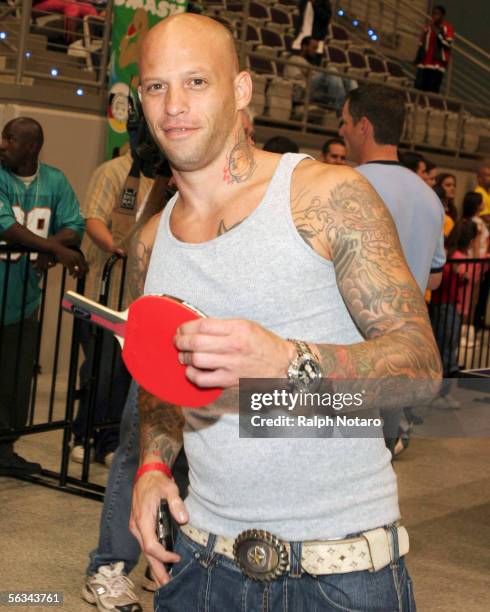 Ami James of Discovery Channel's Miami Ink participates in the Jason Taylor Foundation Ping Pong Smash inside the Hard Rock Live at Seminole Hard...