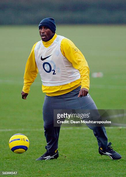 Sol Campbell of Arsenal in action during the training session before their Champions League group stage match against Ajax on December 6, 2005 at...