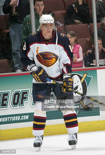 Marian Hossa of the Atlanta Thrashers skates during the game against the Mighty Ducks of Anaheim at the Arrowhead Pond on December 3, 2005 in...