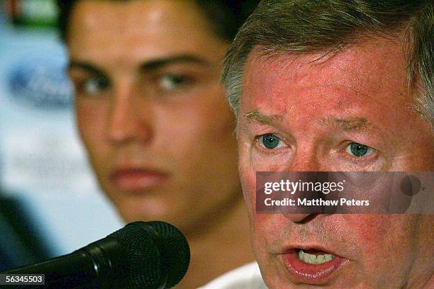 Sir Alex Ferguson of Manchester United speaks during the press conference ahead of the UEFA Champions League match between Benfica and Manchester...