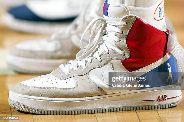 Shoes belonging to Rasheed Wallace of the Detroit Pistons during the game between the Pistons and the Dallas Mavericks on November 19, 2005 at...