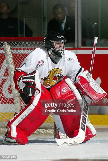 Scott Bowles of the Prince George Cougars defends his net against the Vancouver Giants during their WHL game on October 14, 2005 at the Pacific...