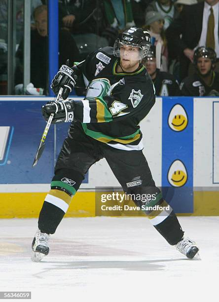Rob Schremp of the London Knights shoots the puck against the Guelph Storm during their OHL game at the John Labatt Centre November 17, 2005 in...