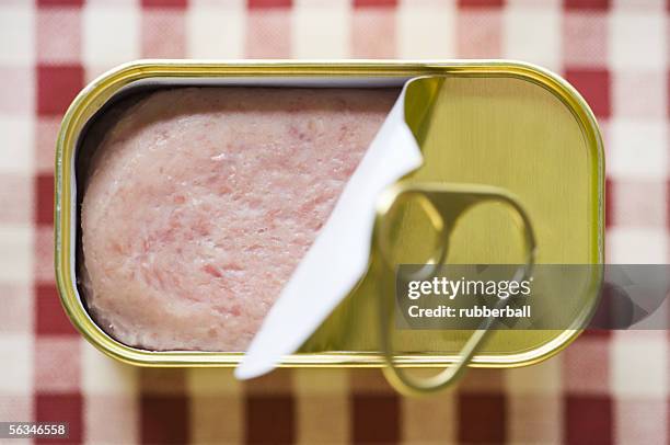 high angle view of a can of spam - spam photos et images de collection