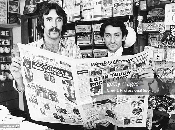 Argentinian Wotld Cup winning football players, Osvaldo Ardiles and Ricardo Villa pose together with a local newspaper after signing for Tottenham...