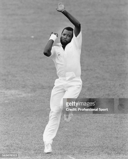 West Indies cricket player Malcolm Marshall pictured bowling for the West Indies during a cricket match, circa 1991.