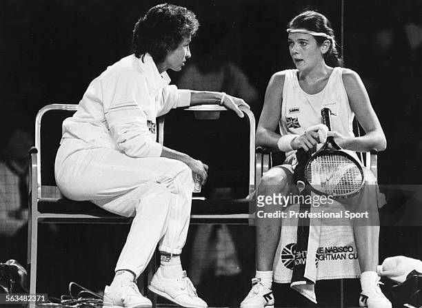 British tennis player Annabel Croft listens to instructions from Virginia Wade during the Wightman Cup tennis match between Great Britain and the...