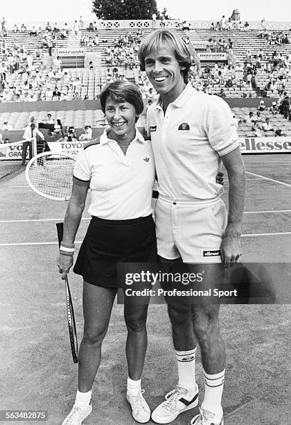 English tennis player John Lloyd and Australian tennis player Wendy Turnbull pictured smiling together after winning the mixed doubles competition at...